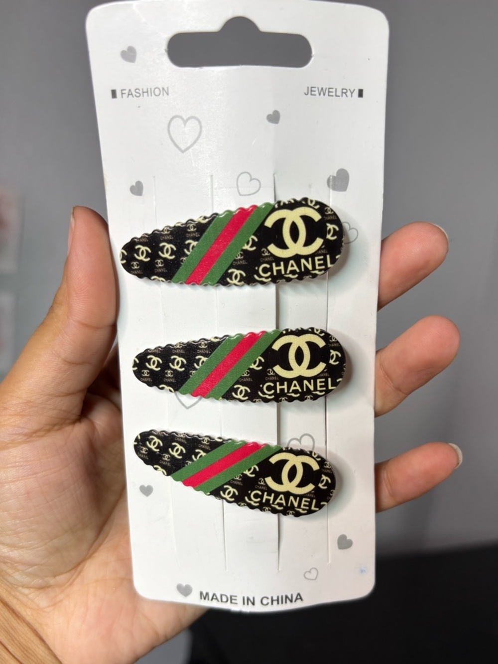 Hair Clips with Cream Logo and Red-Green Stripe - Set of 3 Plastic Like Material